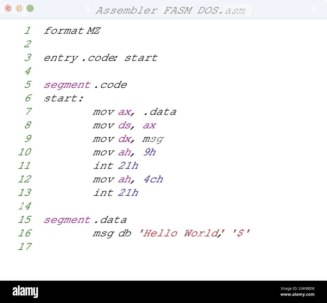 Assembler FASM DOS language Hello World program sample in editor window