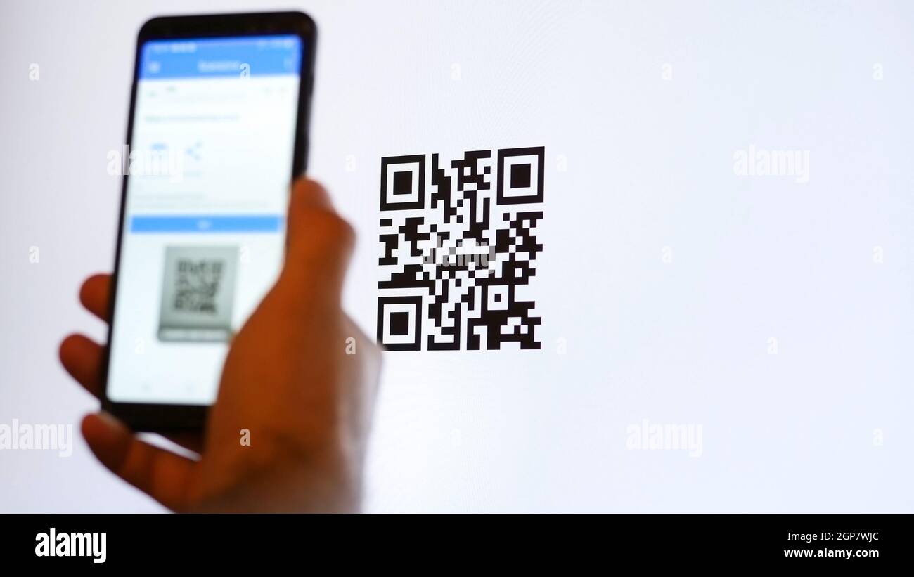 Scan QR code with smartphone on computer monitor Stock Photo Alamy