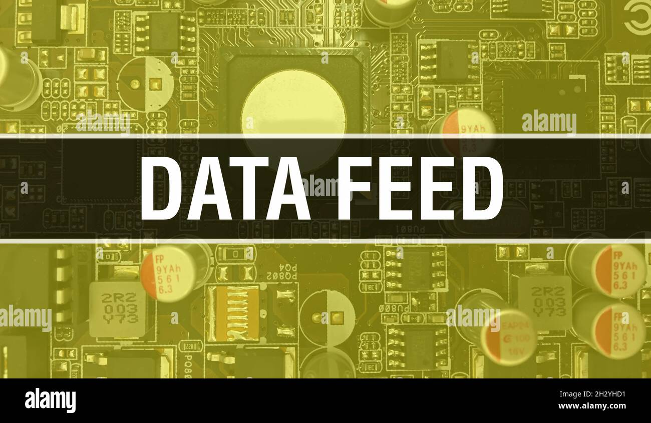 Data Feed concept illustration using Computer Chip in Circuit Board. Data Feed close up of