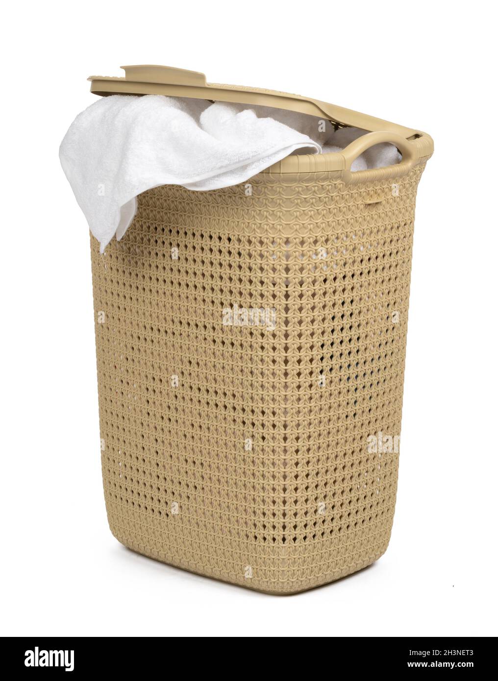 Plastic beige laundry basket isolated on white background Stock Photo