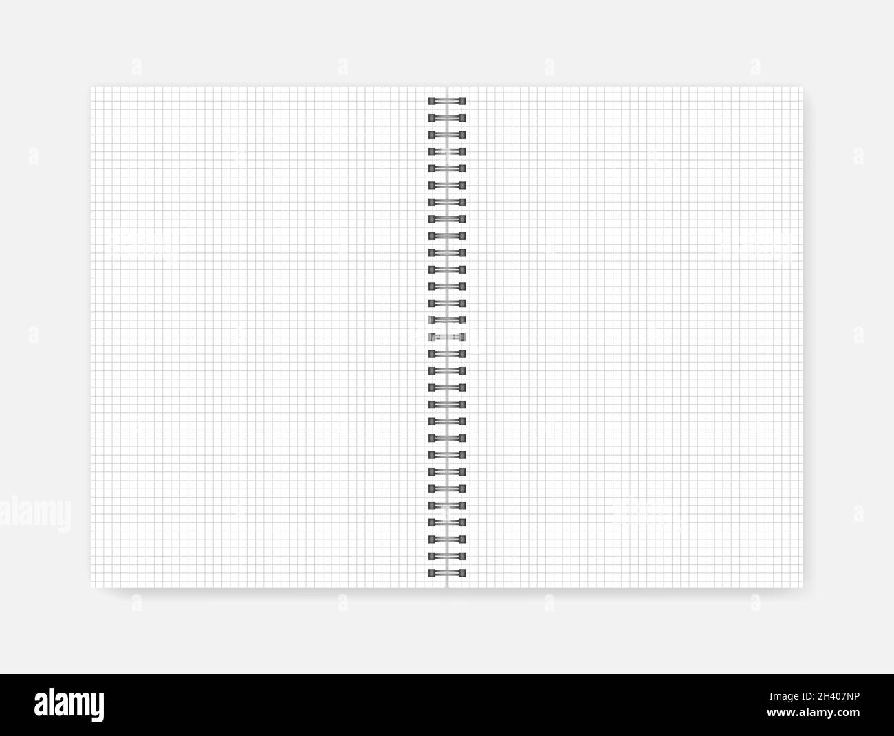 Open spiral graph ruled notebook, realistic mockup. Wire bound white