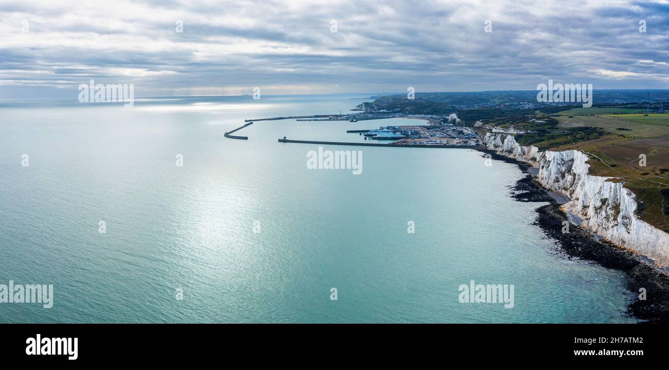 Aerial view of the White Cliffs of Dover. Close up view of the cliffs
