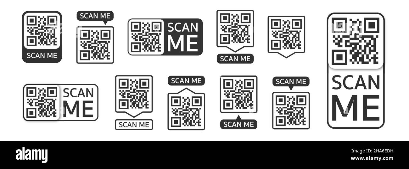 QR code set. Template of frames with text scan me and QR code for