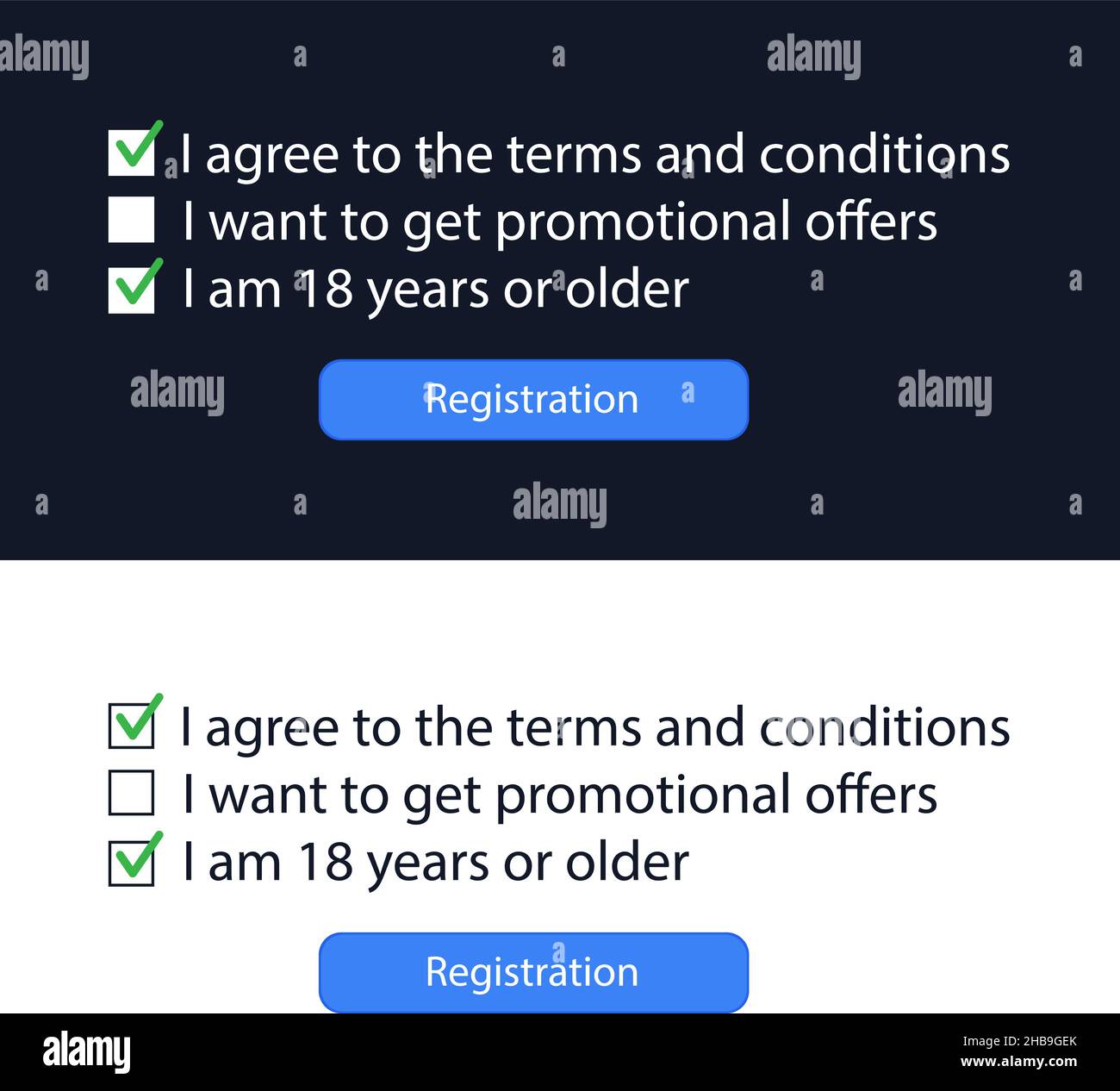 Terms and conditions when registering on the website. HTML template