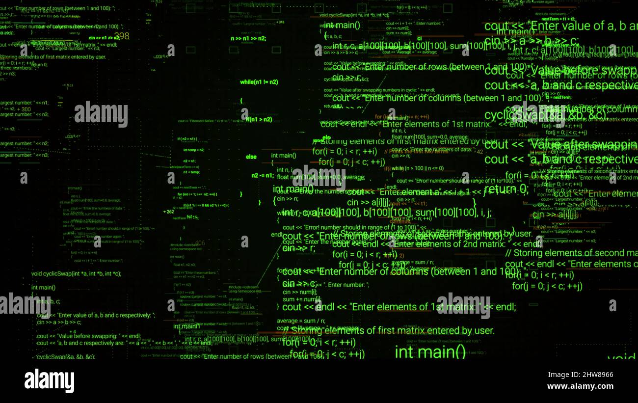 Abstract computer monitor with moving symbols. Green linux terminal