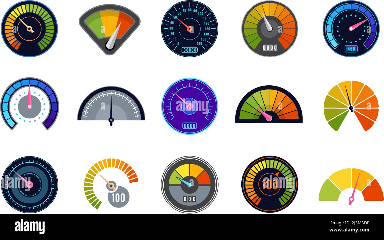 Speedometer set. Score measuring indicator with arrows and marks