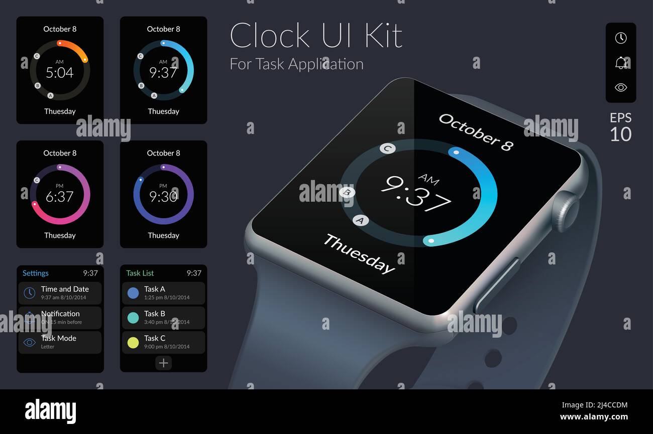 Clock UI design concept with different smartwatch screens and web