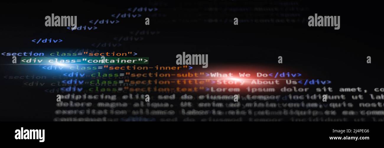 html container section. programming language webpage developing. web coding background Stock