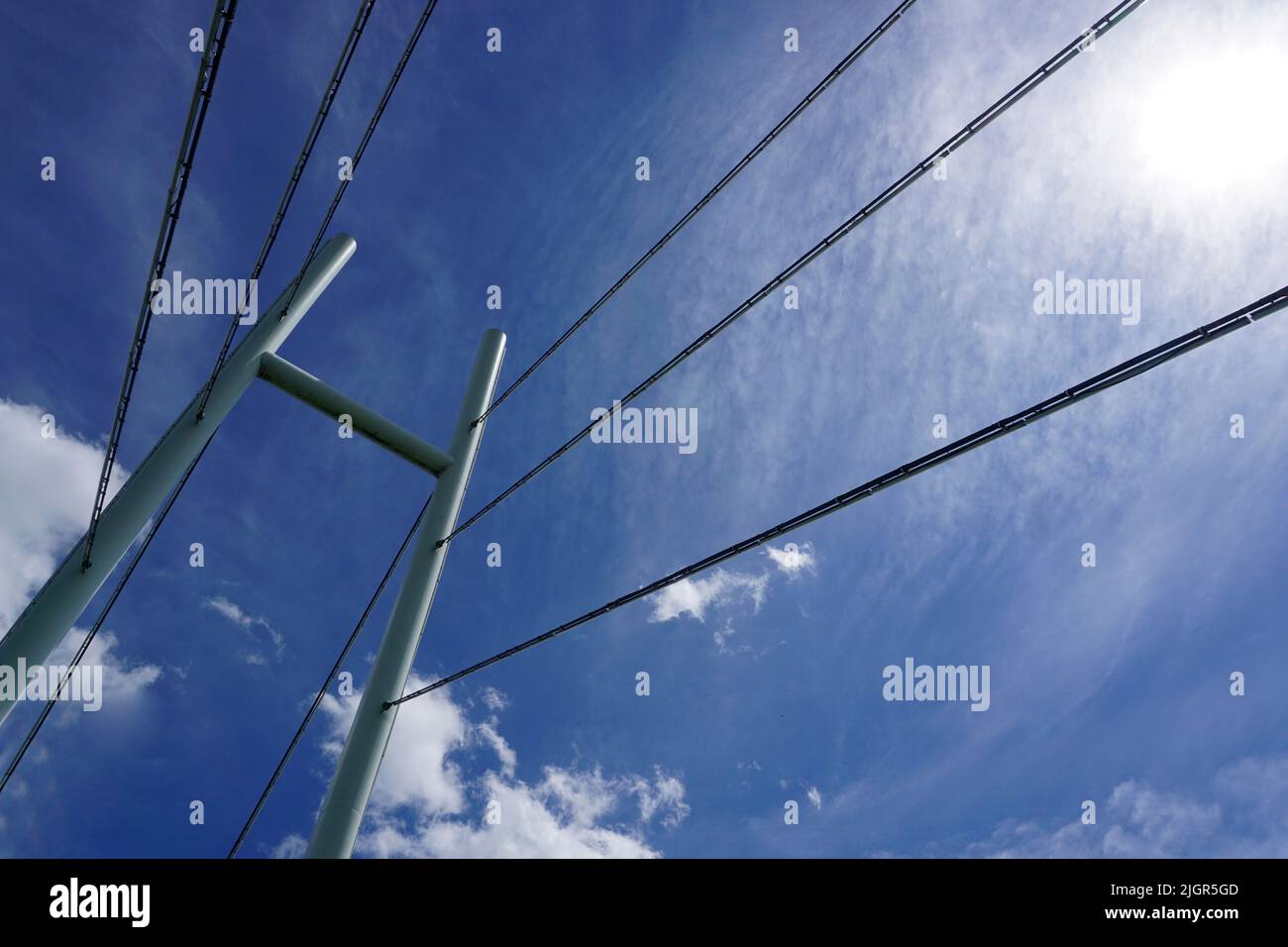 Modern cablestayed bridge view from below Stock Photo Alamy