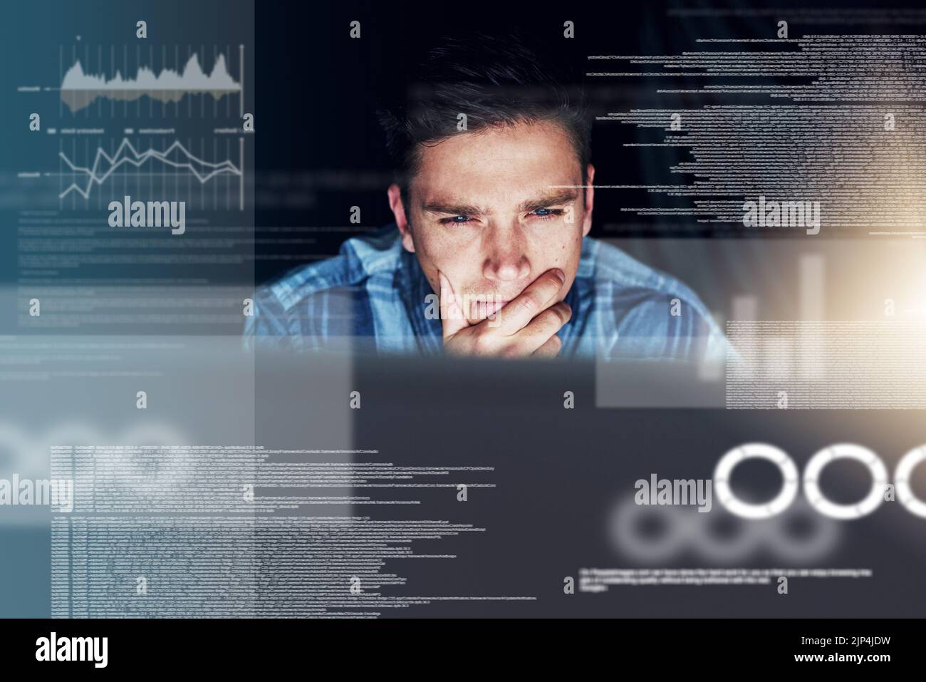 Thinking computer engineer reading code, cgi data and analyzing special