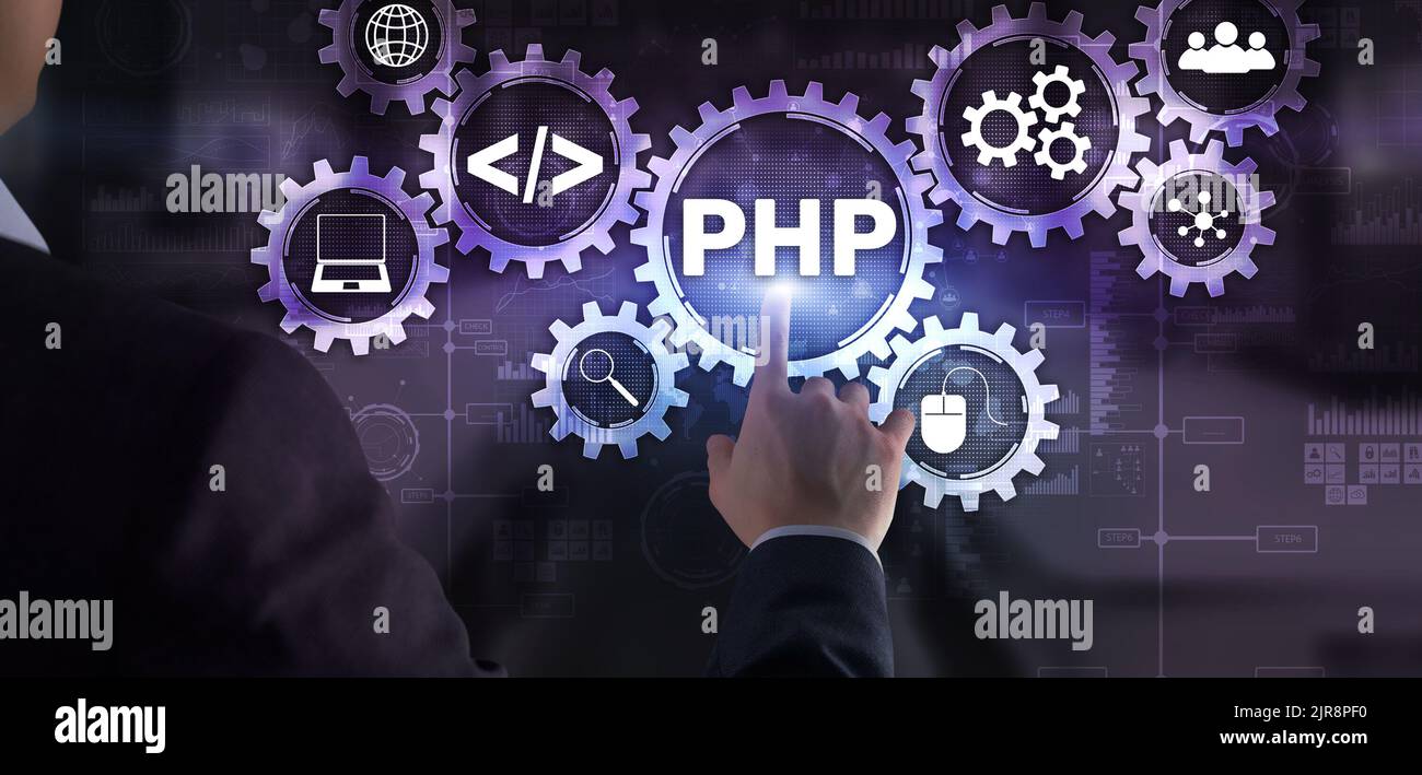 PHP coding Concept. Programmer search. Technology Background Stock