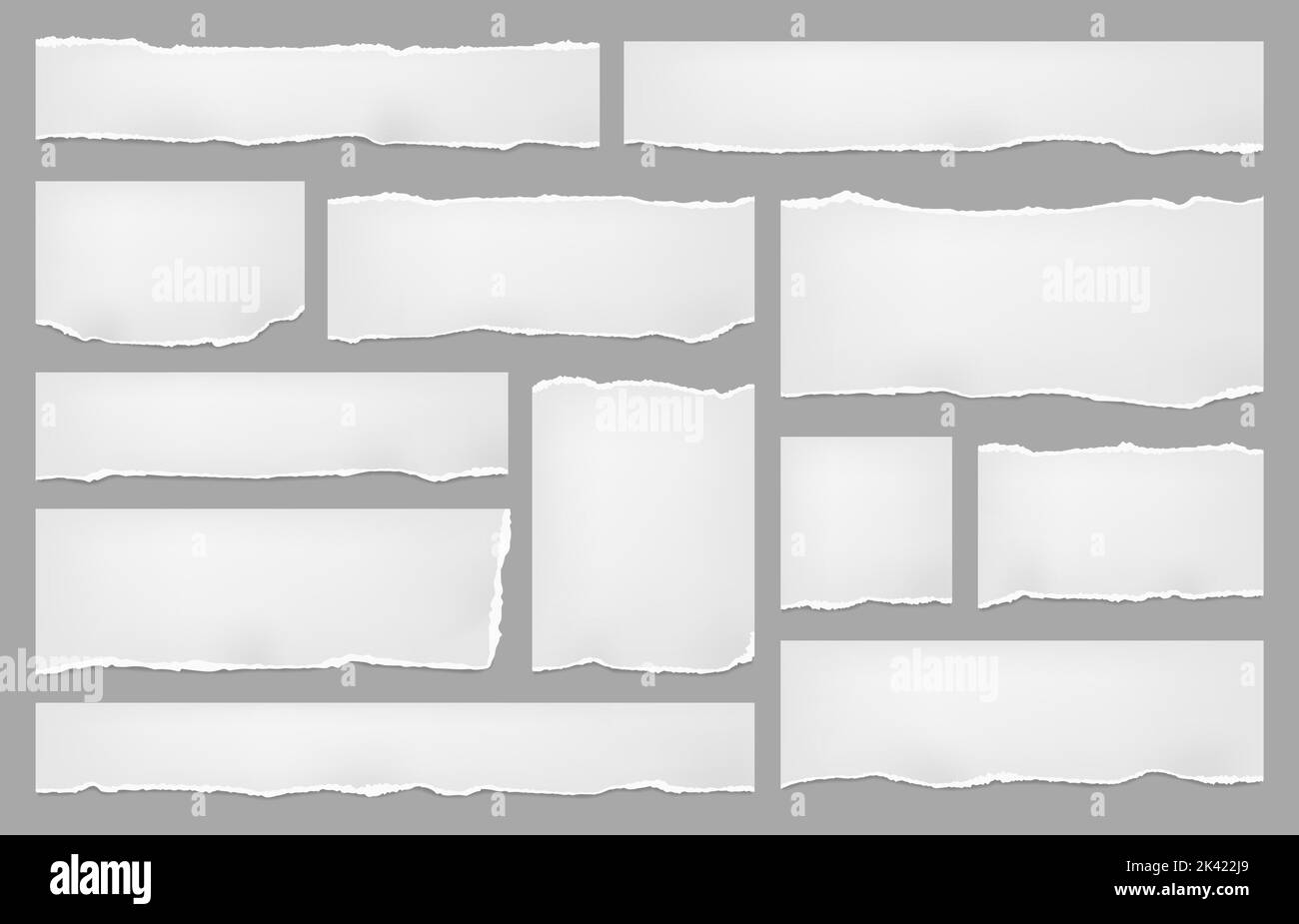 White torn paper sheets, notes with rip edges and page scrap pieces, vector. Torn paper strips