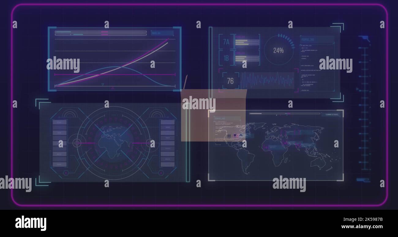Composite of interface screens with graphs, map, loading circle