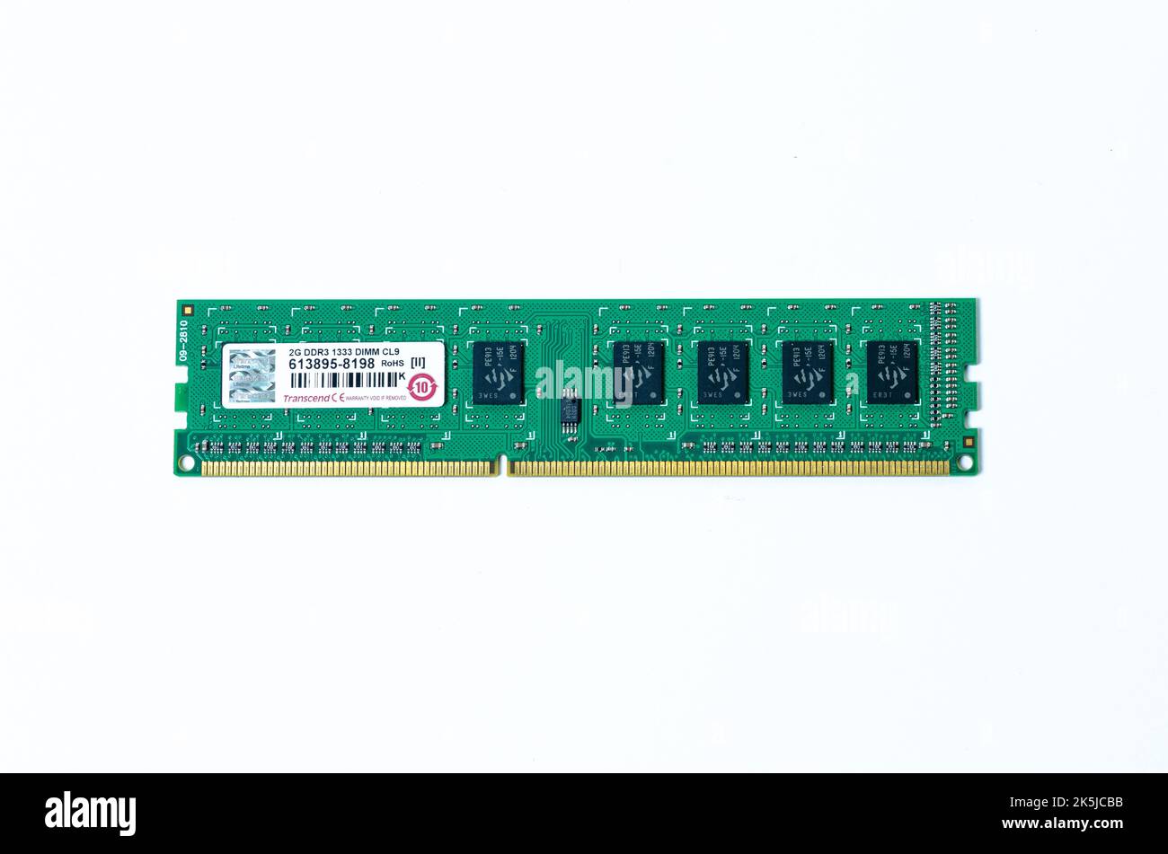 Computer memory card Close up memory socket on board computer server RAM on white background