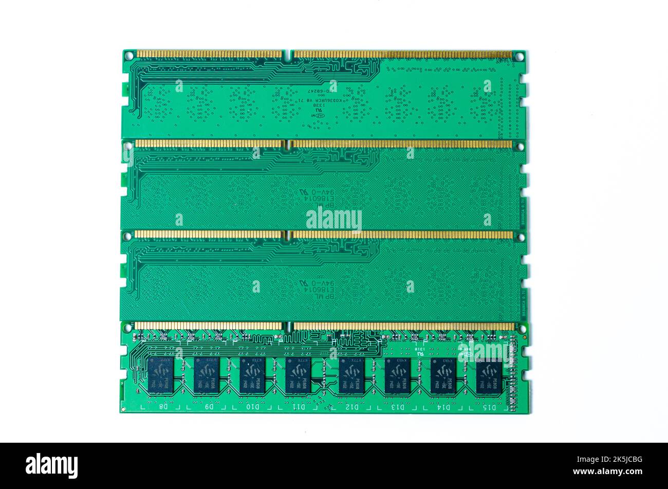 Computer memory card Close up memory socket on board computer server RAM on white background