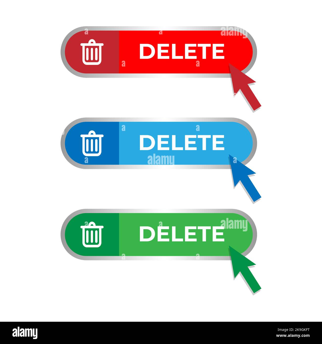 Delete button with trash can symbol and cursor mouse click. Set of