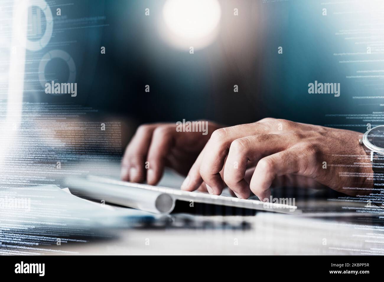 Developer, overlay and hands typing on a keyboard for digital