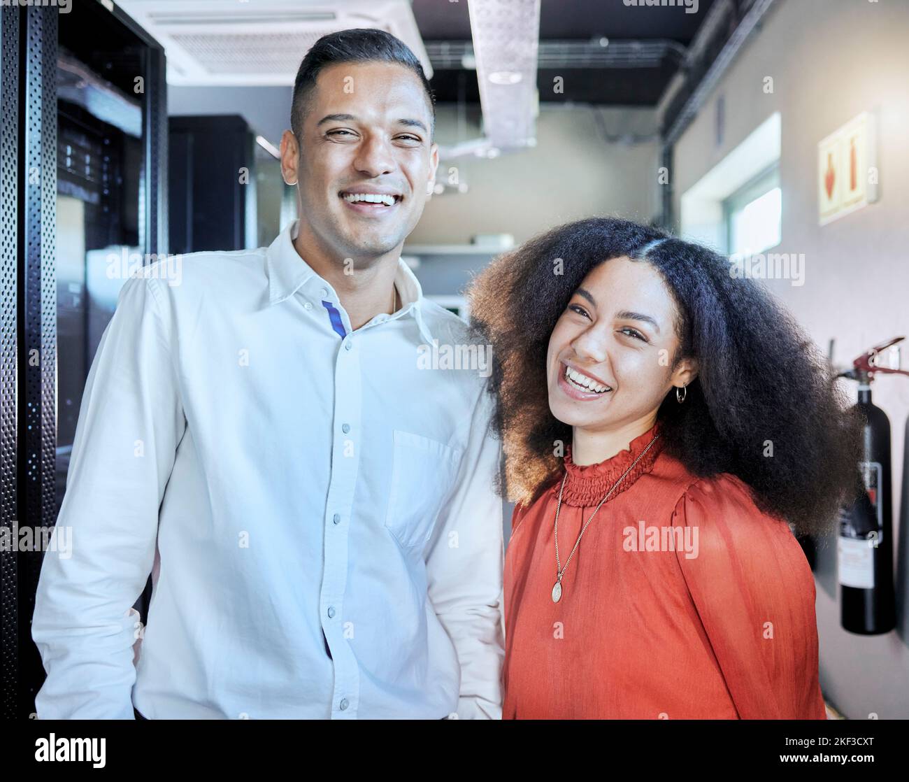 Coding team, computer networking server and tech support workers smile