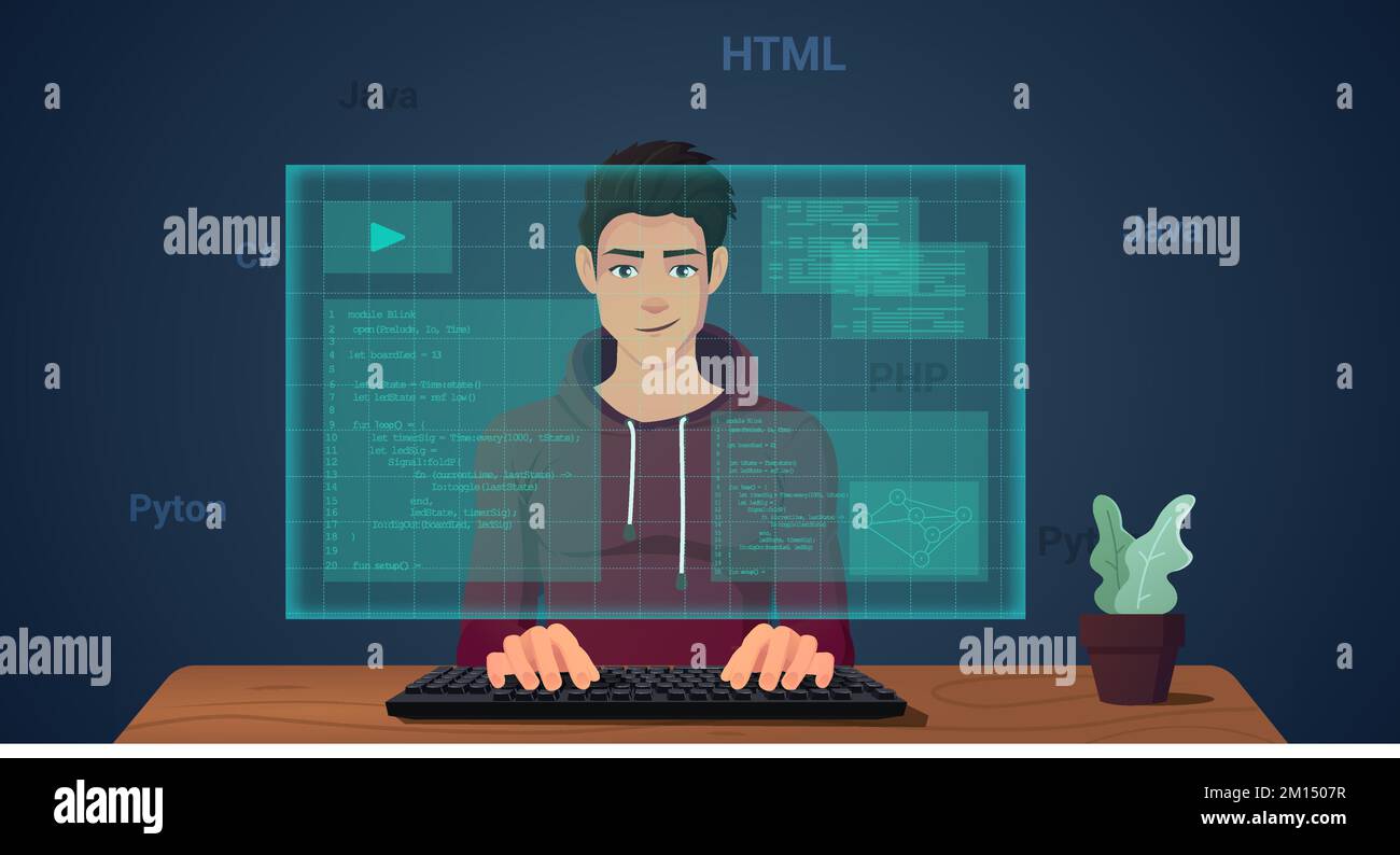 Wed Developer and Programmer Coding on Augmented Reality Screen Premium