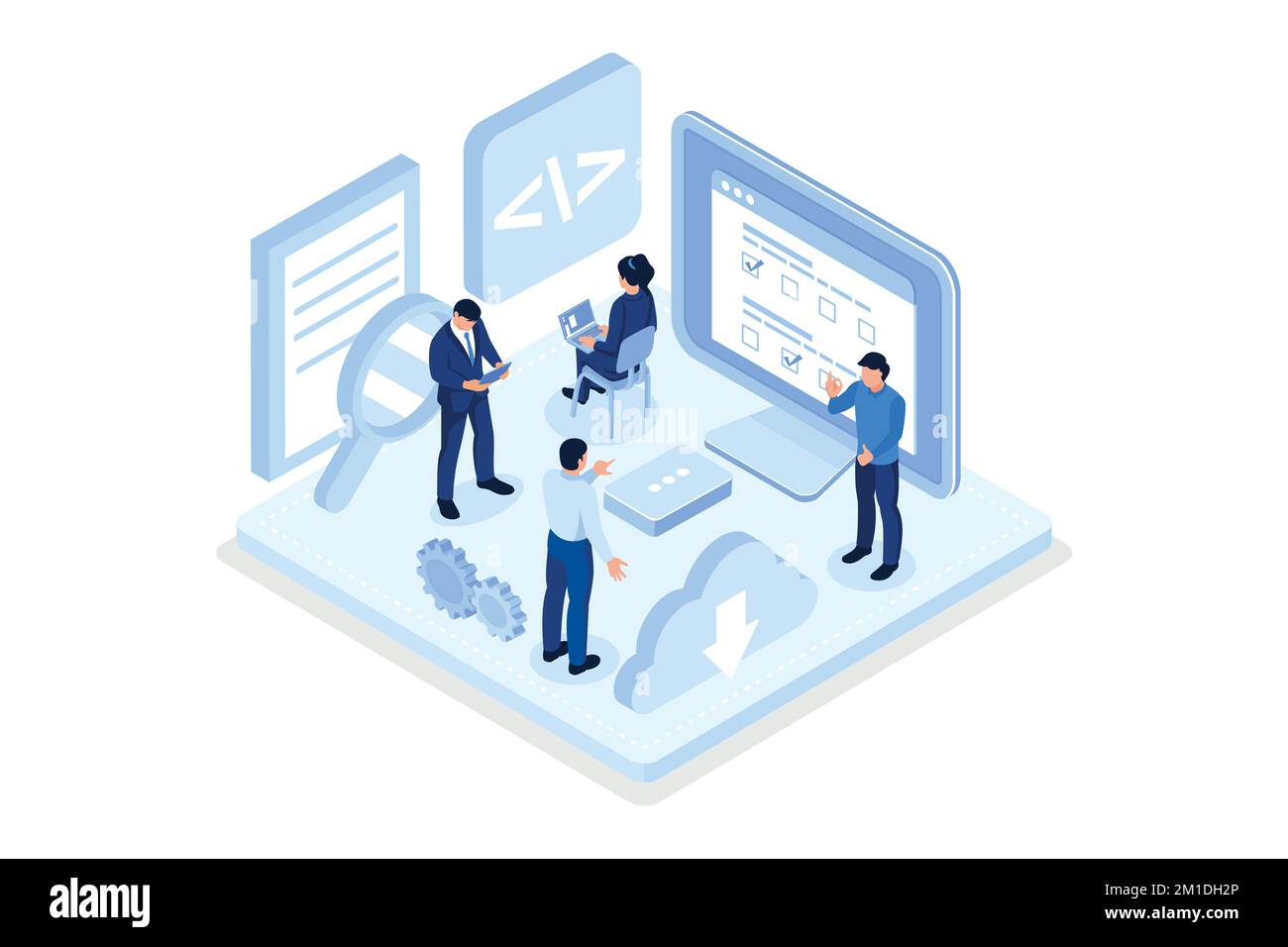 People characters developing software and sending data to cloud storage