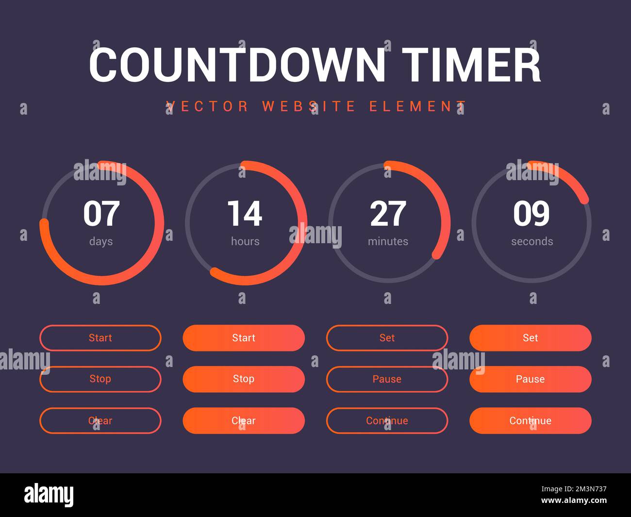 Countdown timer vector website element with buttons. Flat digital clock