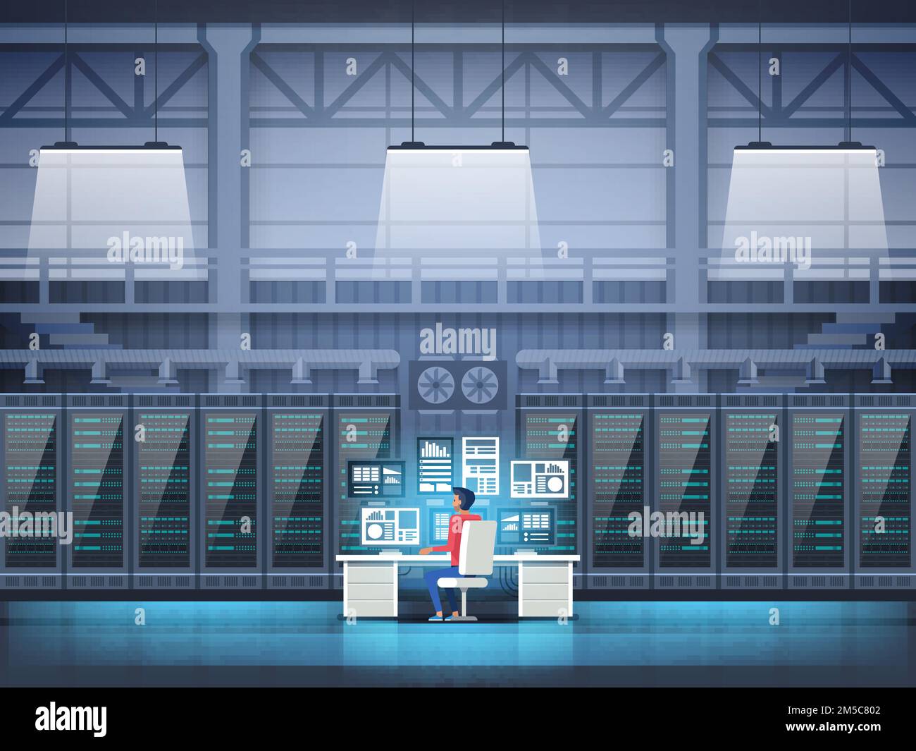 Programmer in data center room with graph monitor system Data Center