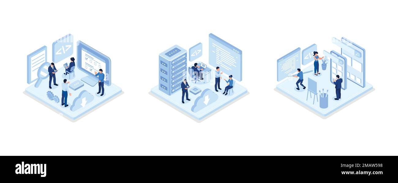 People characters developing software and sending data to cloud storage