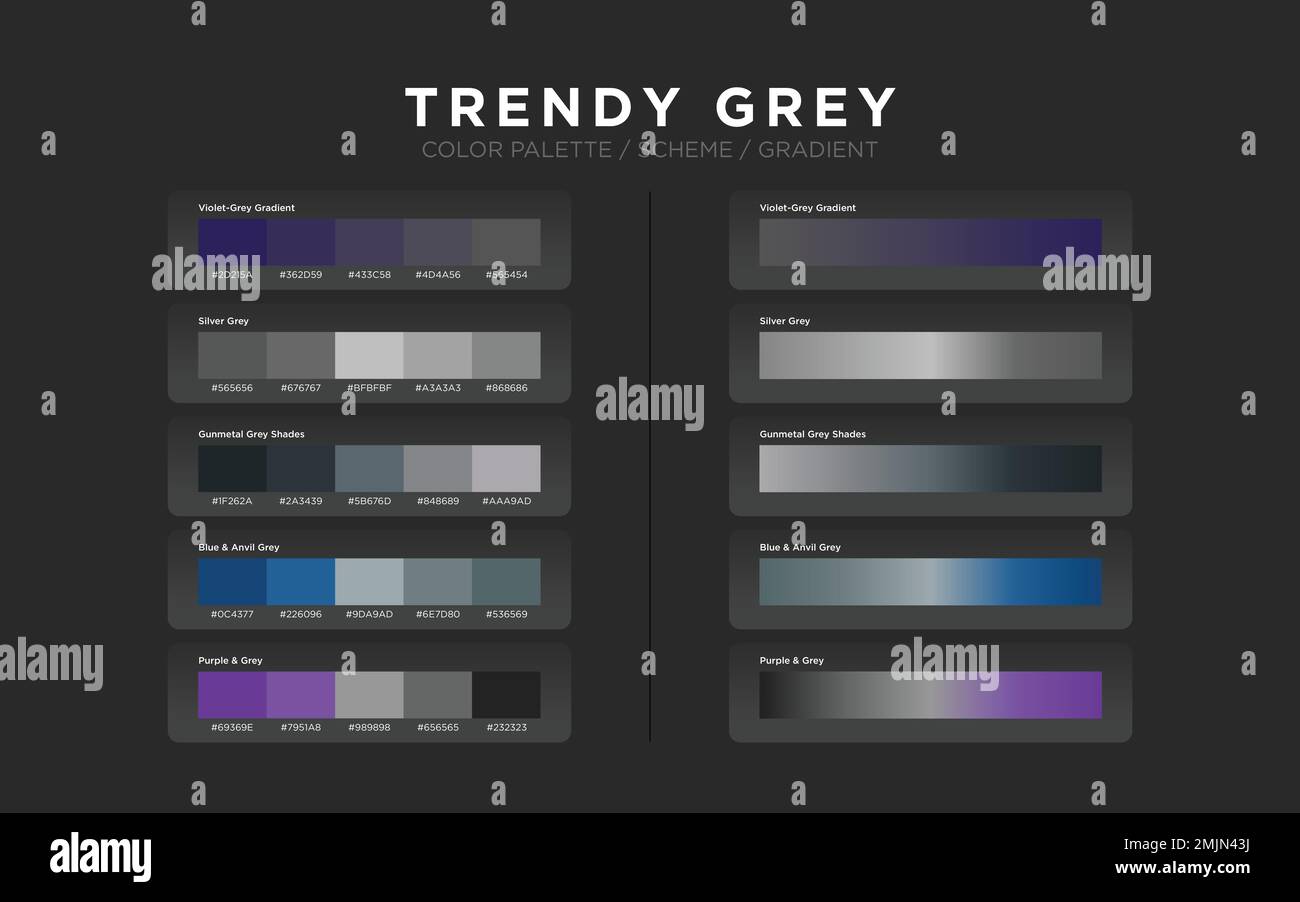Grey color palettes, color schemes, color gradients. Set of modern web