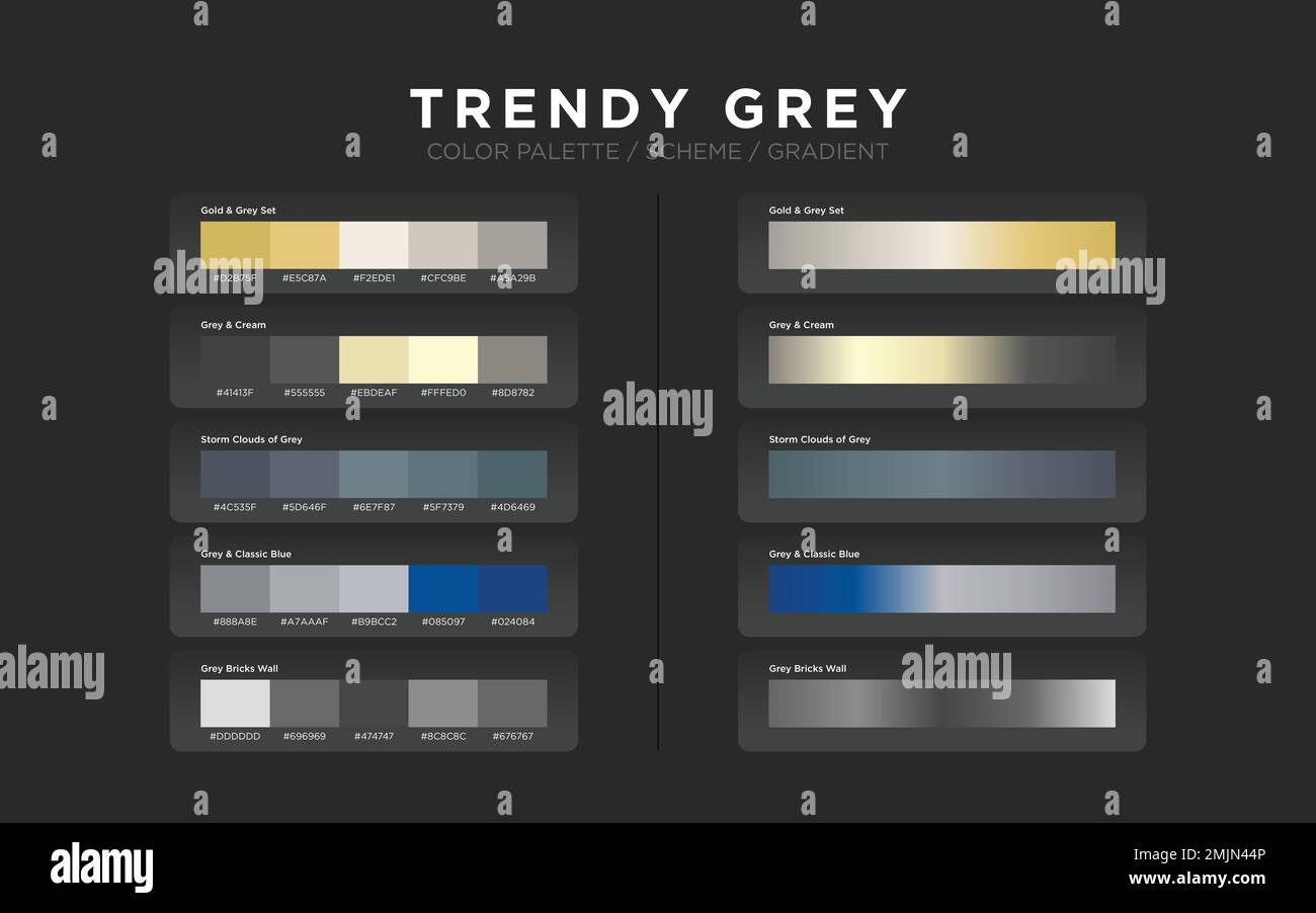 Grey color palettes, color schemes, color gradients. Set of modern web