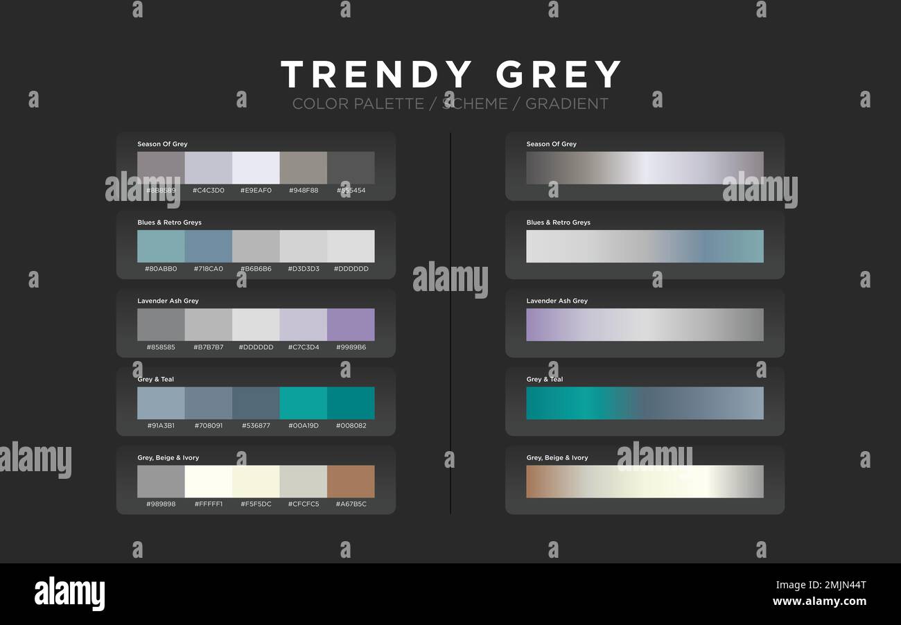 Grey color palettes, color schemes, color gradients. Set of modern web