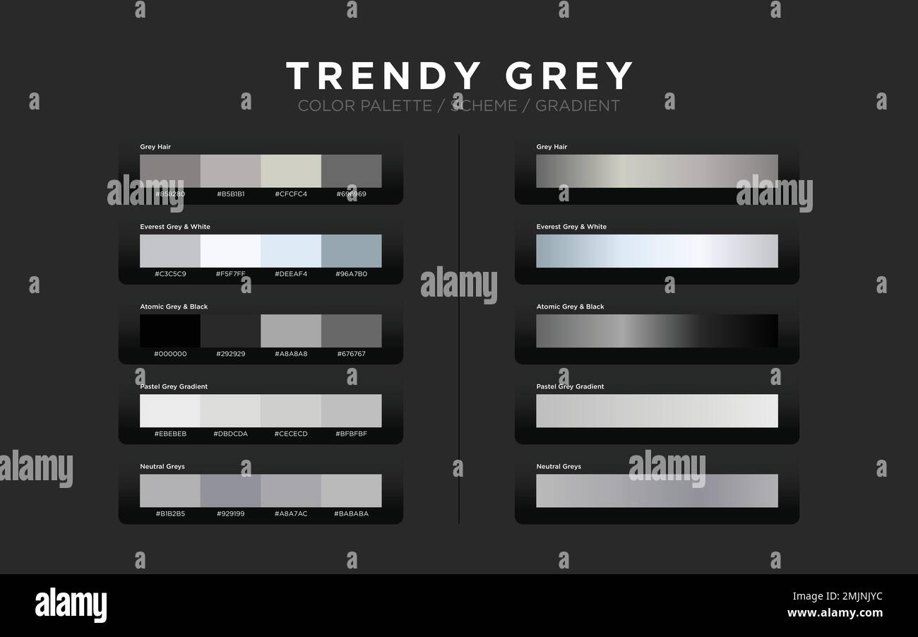 Grey color palettes, color schemes, color gradients. Set of modern web