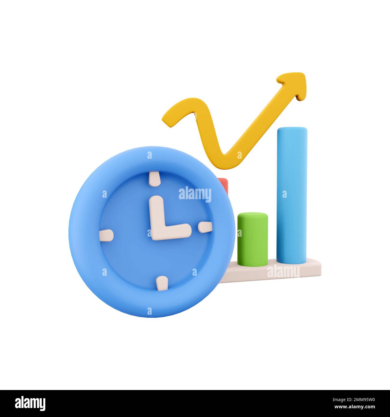 3D rendering clock and color graphs pointing up icon. 3d render chart