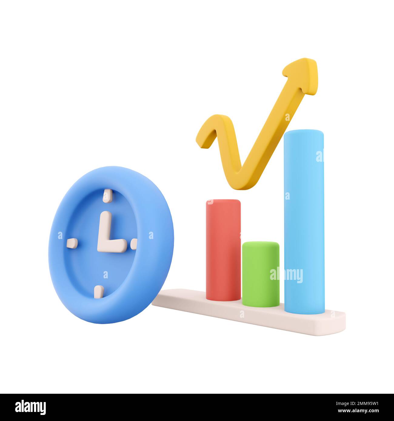3D rendering clock and color graphs pointing up icon. 3d render chart