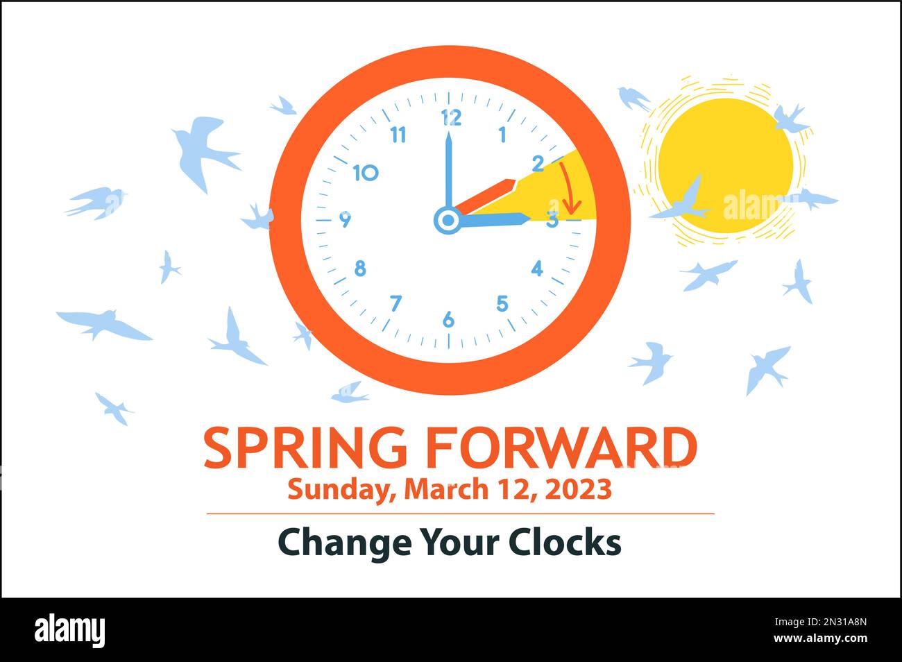 Spring Daylight Saving Time 2023. Banner reminder with changing clocks
