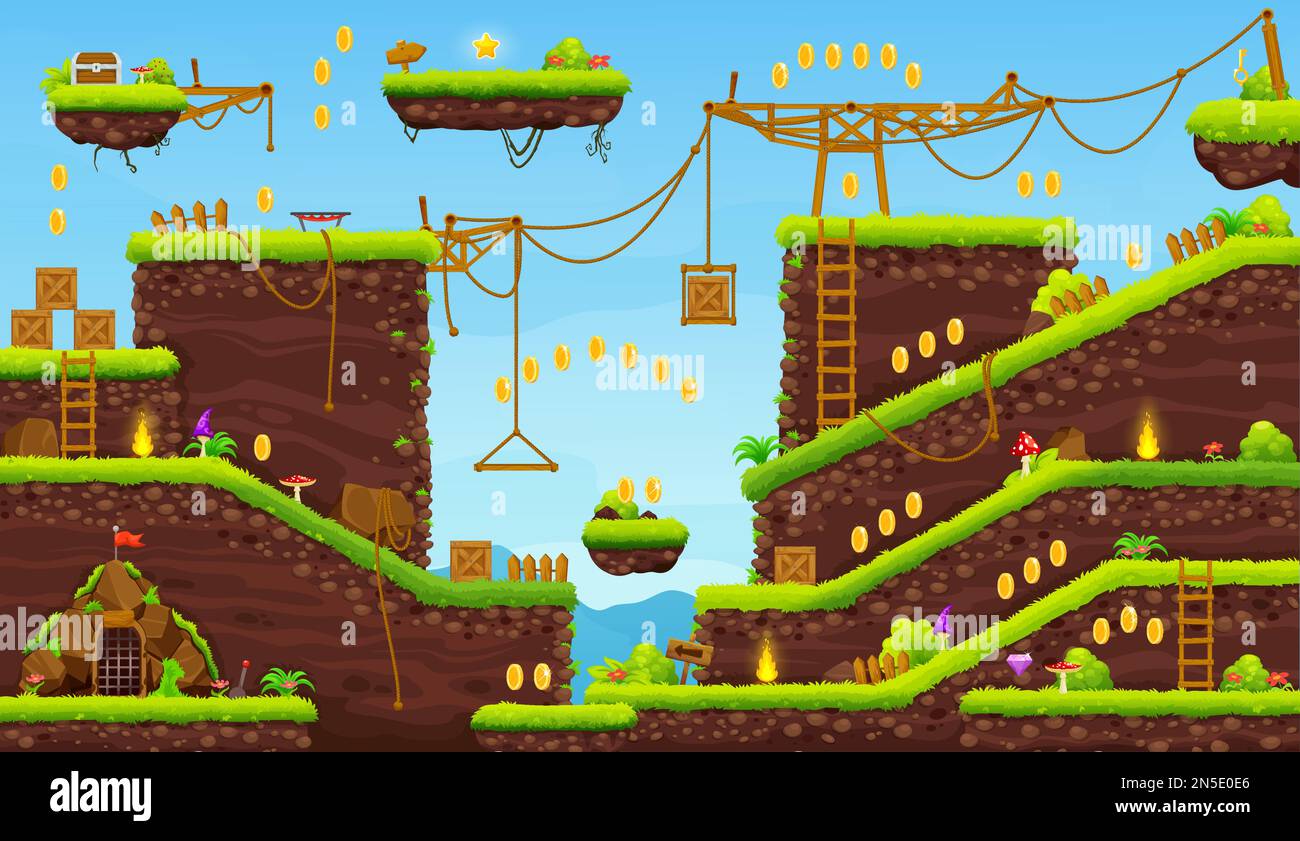 2d arcade game level cartoon map interface. Platform, key, stairs