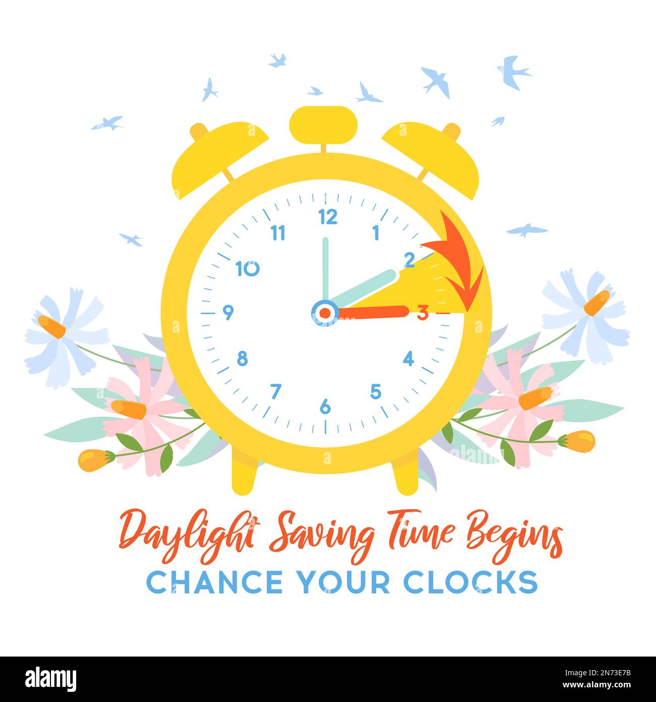 Daylight Saving Time Begins banner. Spring Forward. Guide banner with clocks. Arrow of Clocks