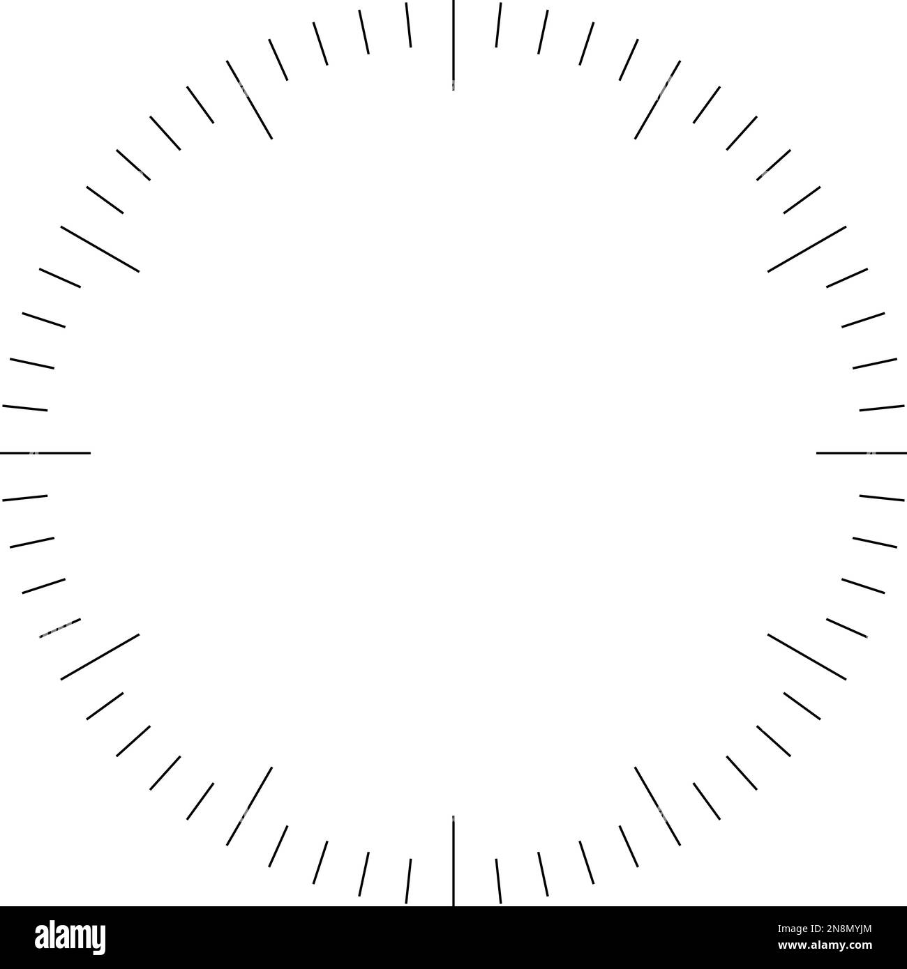 Clock face. Blank hour dial. Dashes mark minutes and hours. Simple flat