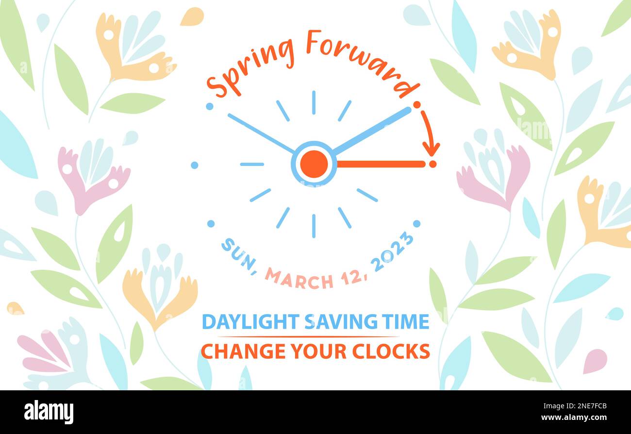 Daylight Saving Time Info Banner. Spring Forward concept with clock and moves arrow an hour