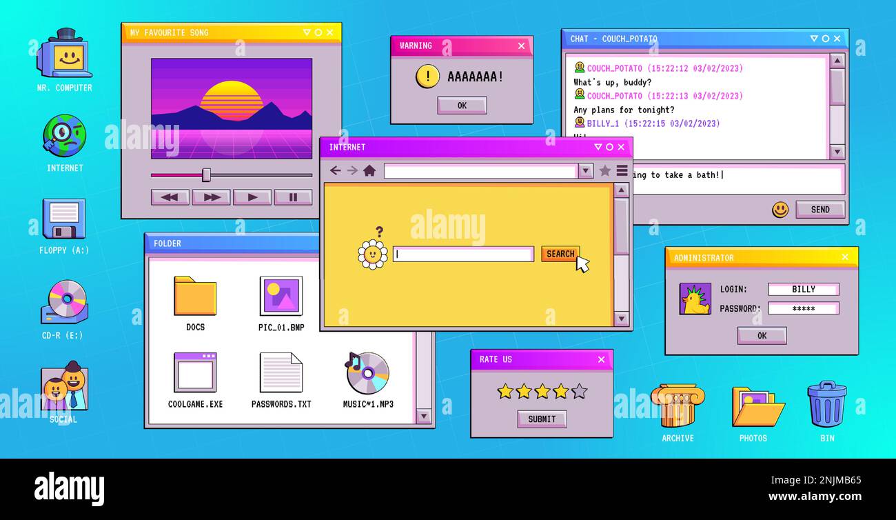 Retro software windows on computer desktop. Vector illustration of chat