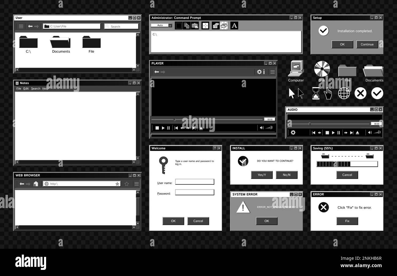Old program windows set with isolated monochrome images of retro