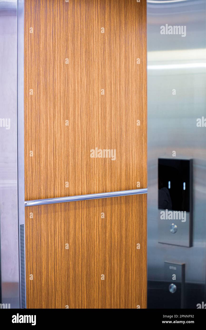Opened elevator doors. Elevator call button Stock Photo Alamy
