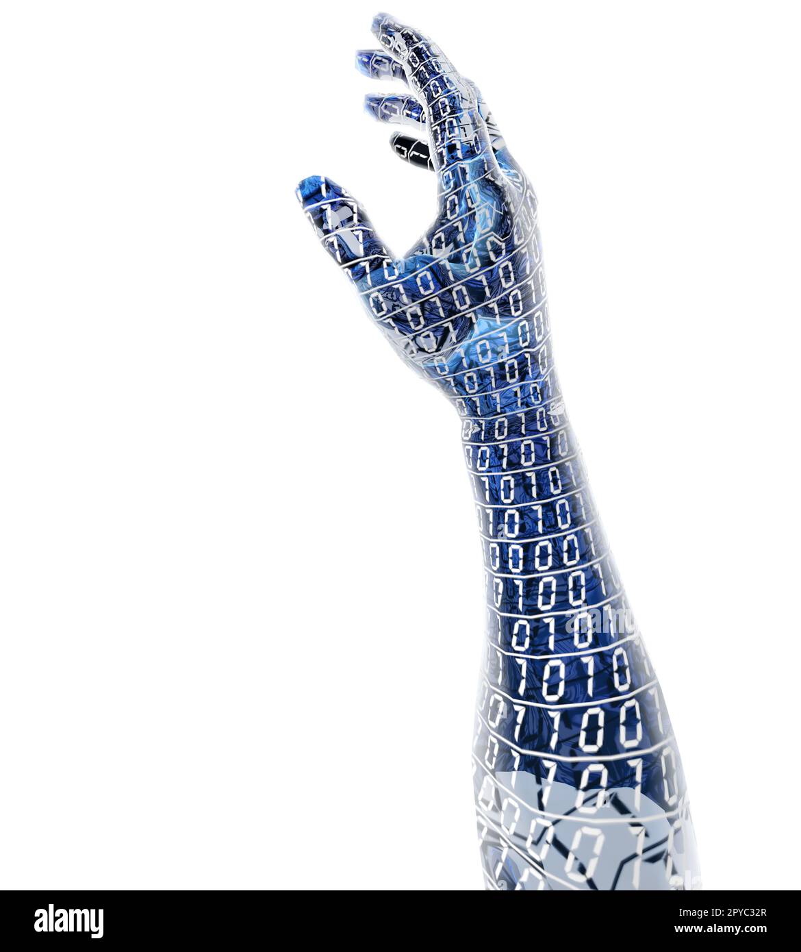 Artificial intelligence concept with an arm made of computer code Stock