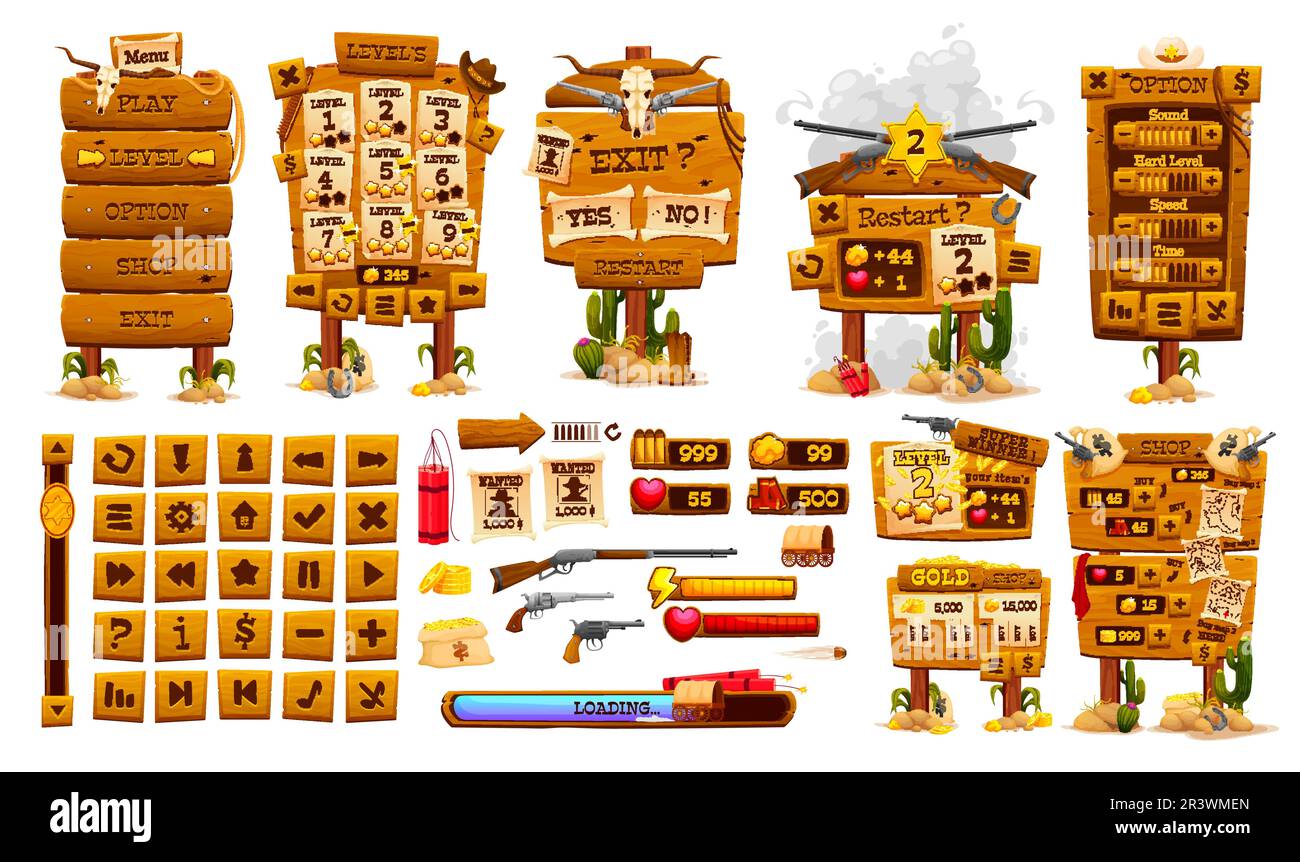 Wild west game app interface, western gui asset and wooden buttons. Vector set of web menu