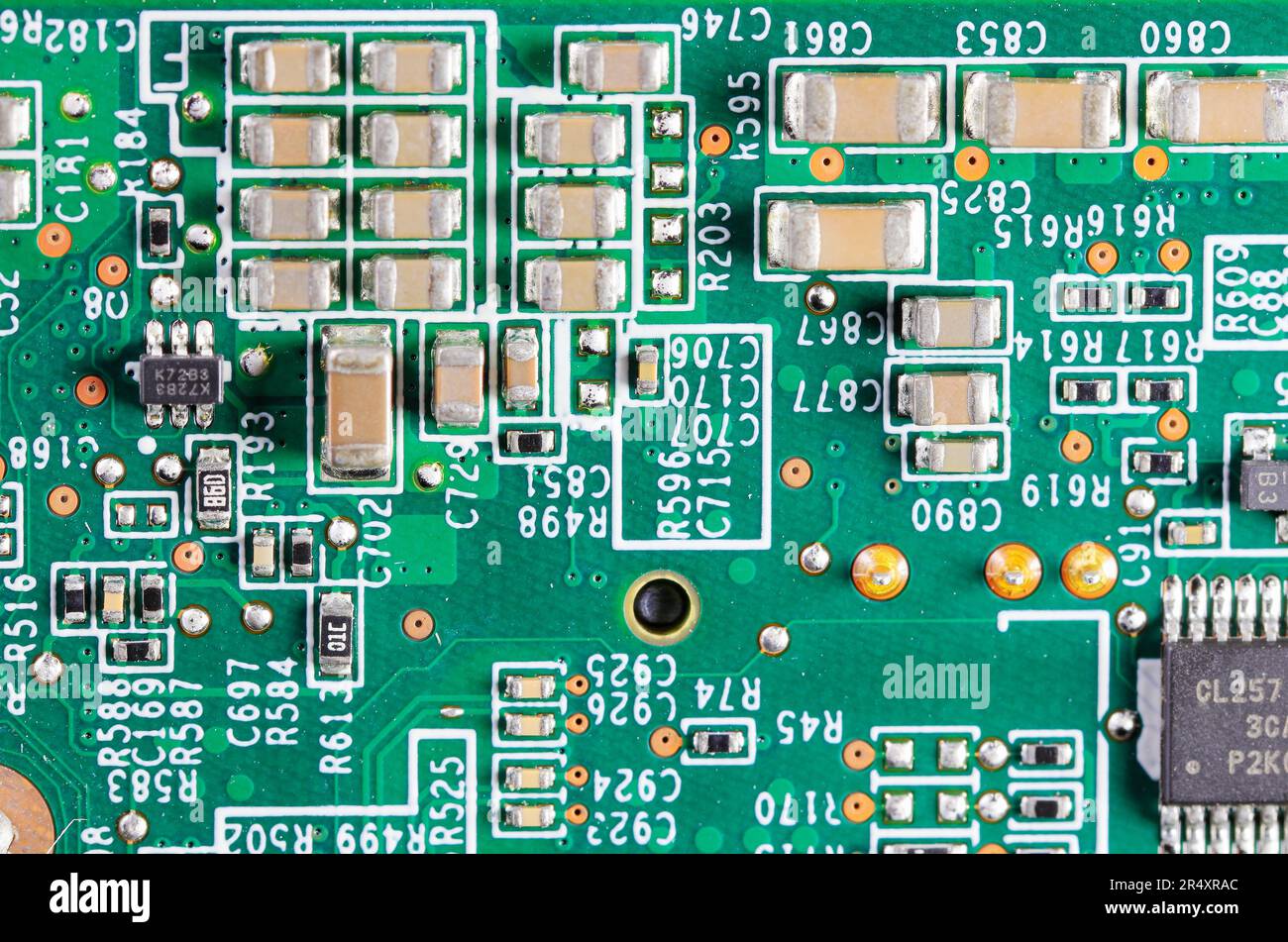 Computer printed circuit board with electronic components. Circuit