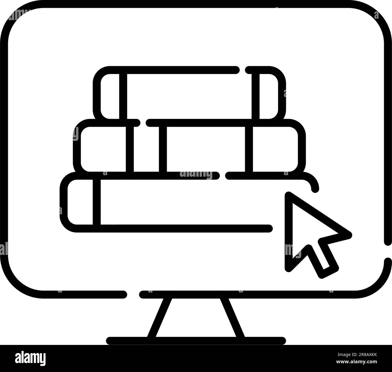Digital library access symbol. Stack of books on computer monitor and