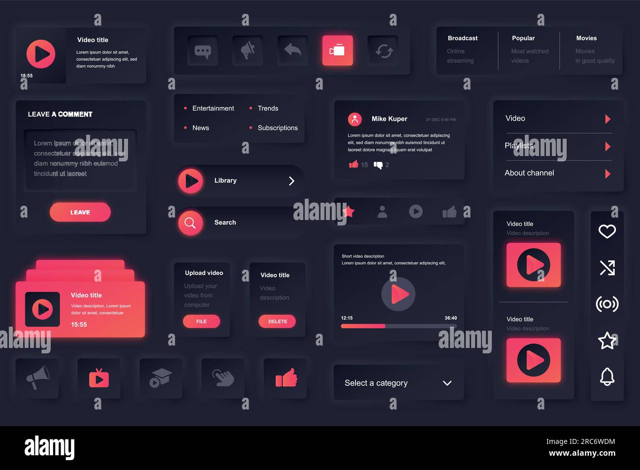 User interface elements for video tube mobile app. Unique neumorphic