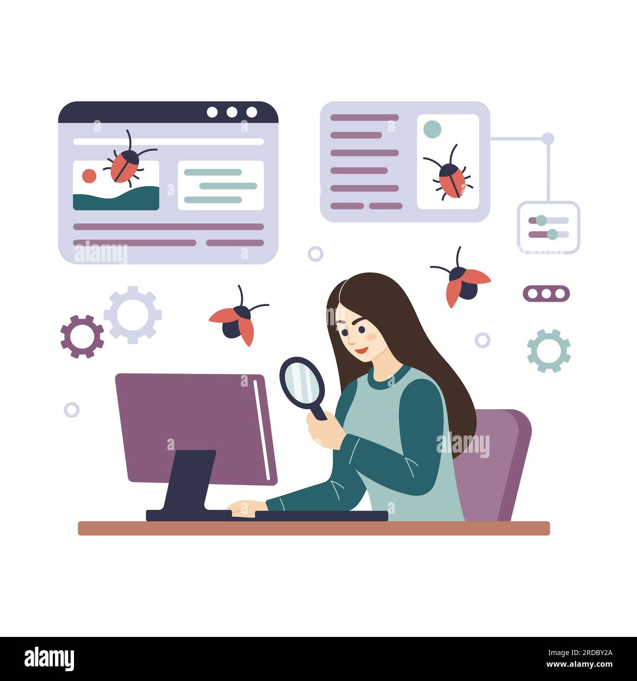 Programmer tester female character cartoon illustration. Woman Software