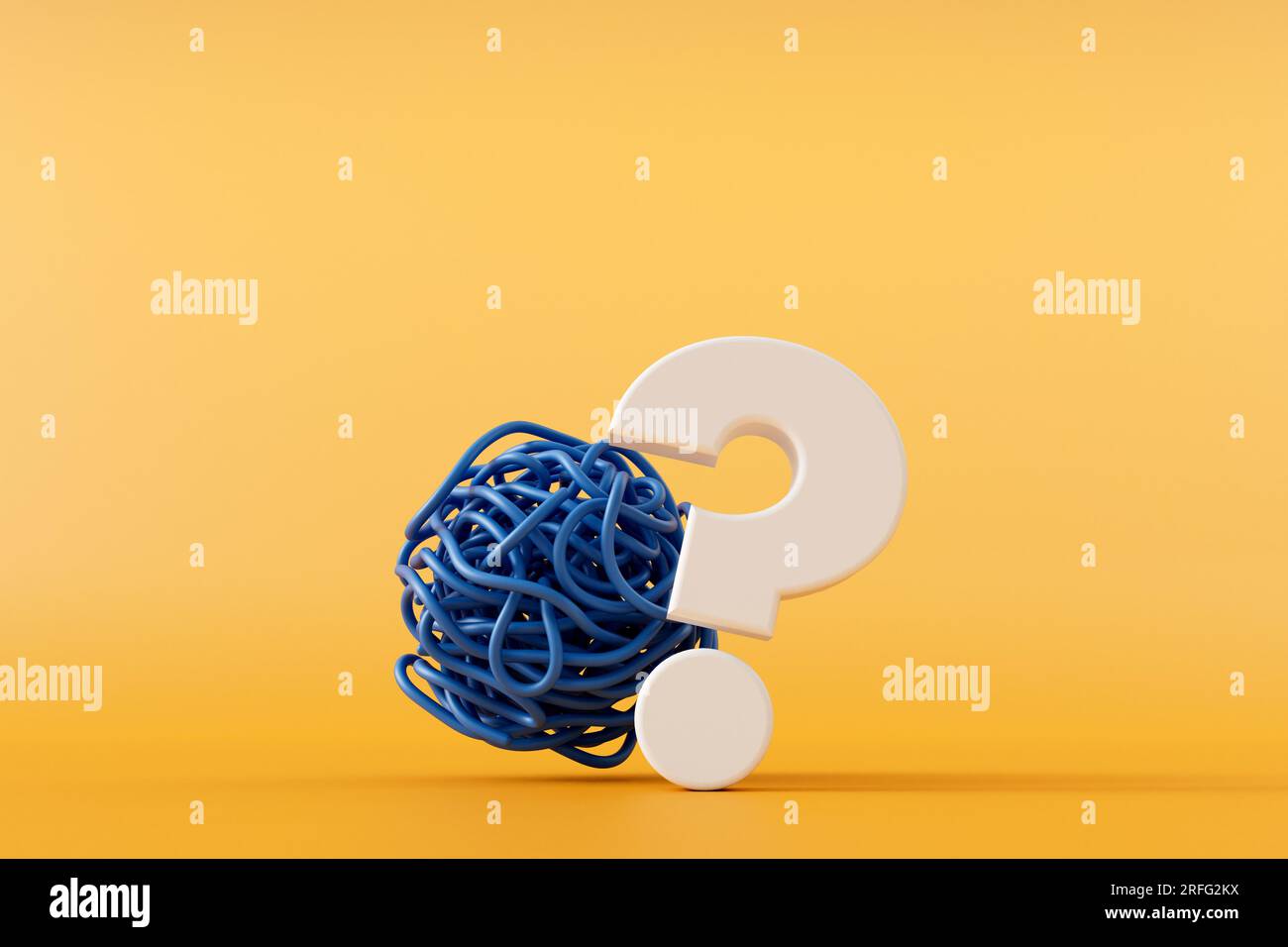 Tangled knot of string with a question mark. Mental health and solution