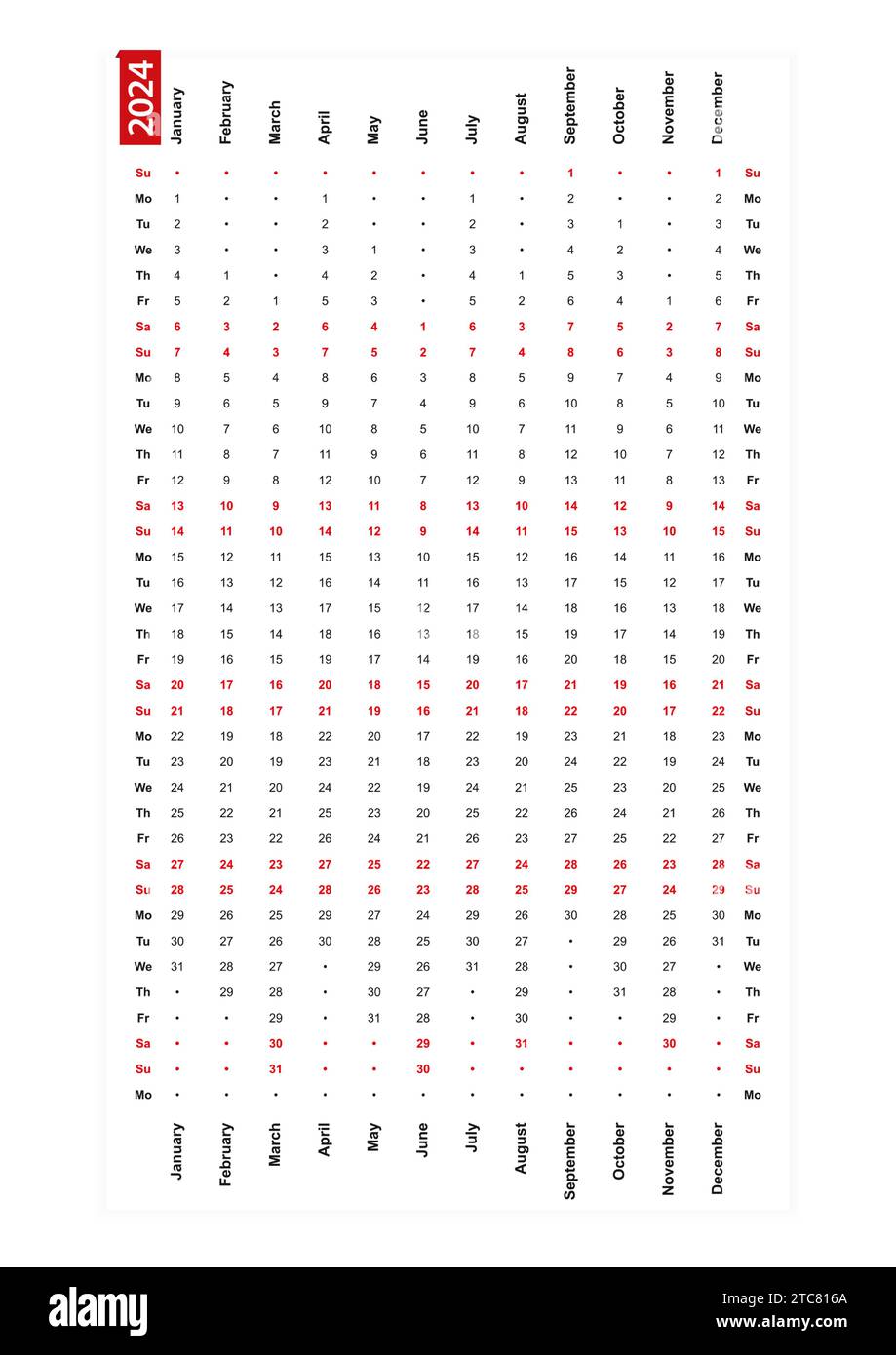One row vertical calendar 2024, sunday first day of the week. Vector