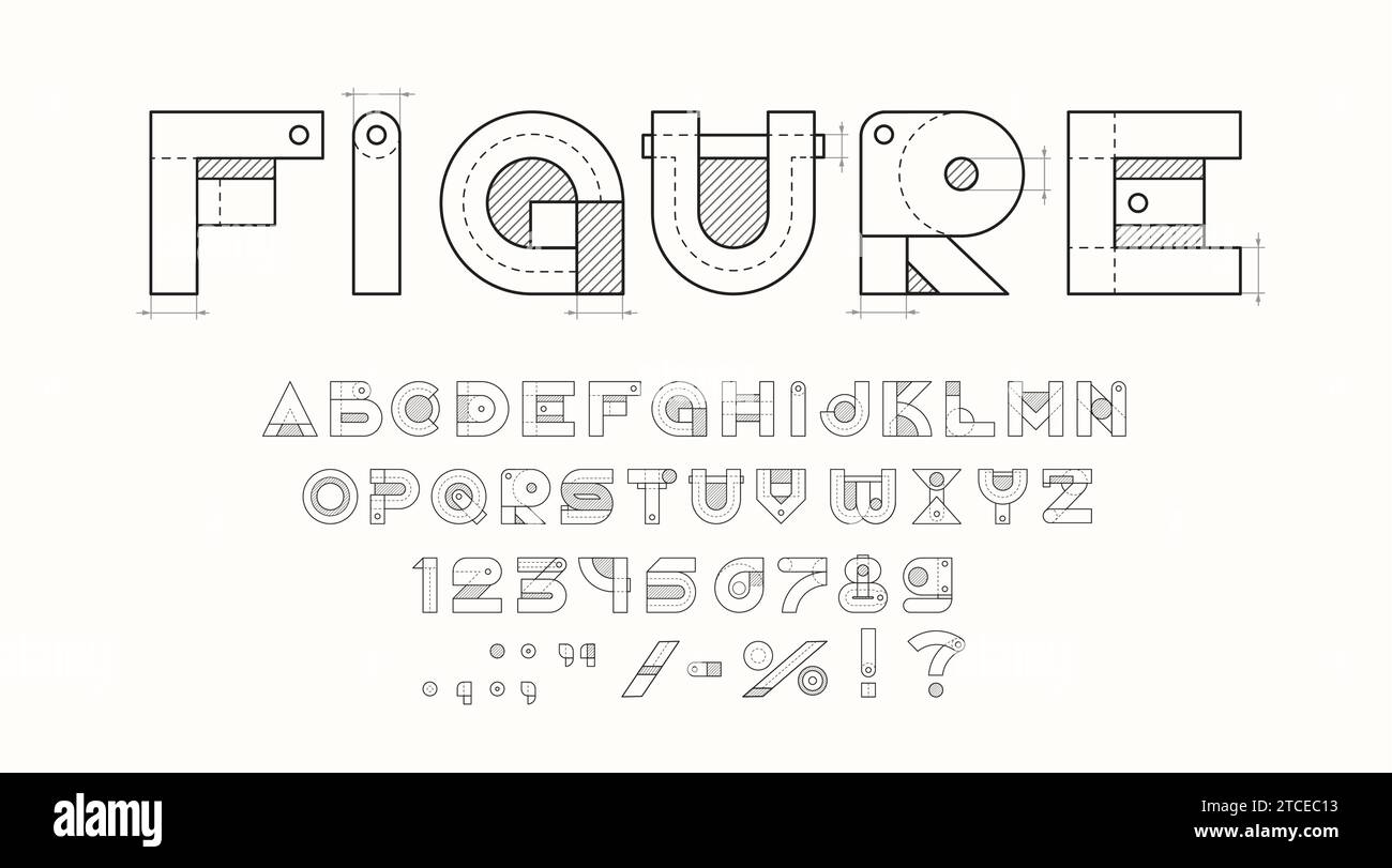 Technical font, architect type or construction typeface English